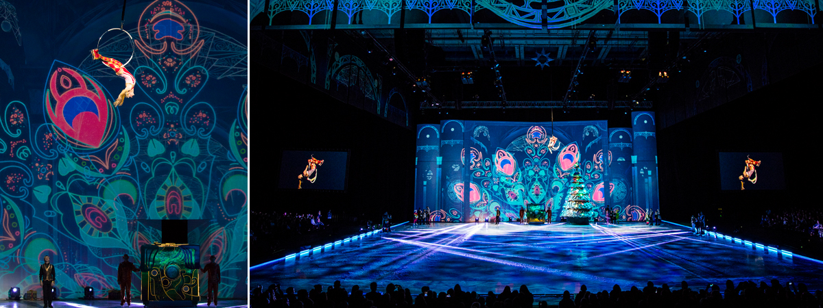 A frozen theatre stage surrounded by ShowTex projection screens & h...