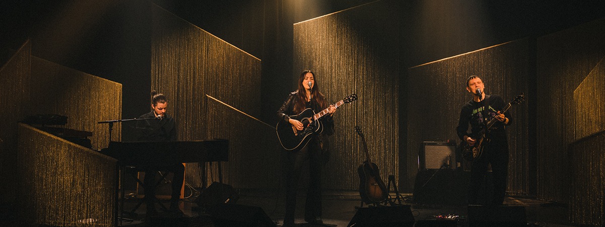 String curtain backdrop on tour