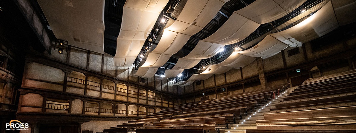 Decorative ceiling coverings for theme park performance