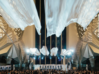 Opening ceremony Morpheus in Macau with white fabric and HiSpeed Reveal by ShowTex