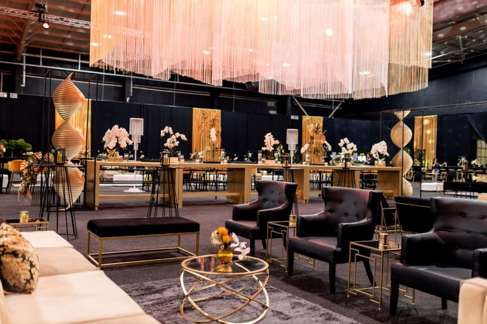 String curtain centrepiece dresses up cocktail event