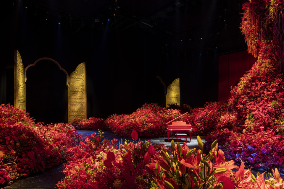 Backlit printed fabrics decorate event venue