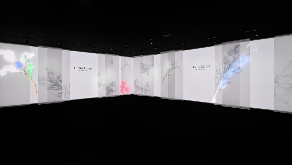Expo design with backlit muslin canvasses and transparent sheers