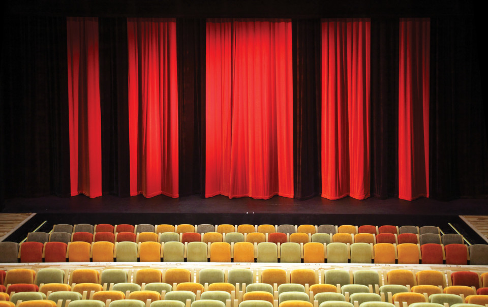 ShowTex Wool Serge Panne, Molton, ShowLED Chameleon, GobelinTulle, FP Supermat Perforato for Y Ffwrnes theatre