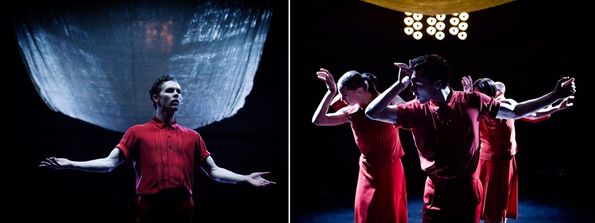 Joris-Jan Bos Sunset Logic ft a golden crunch glitter fabric curtain by ShowTex